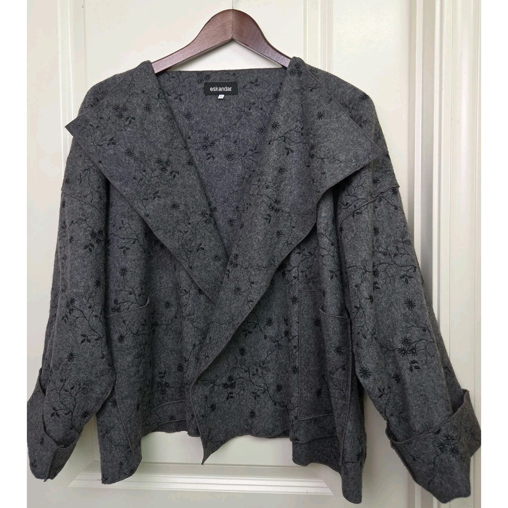 Eskandar Embroidered Jacket Gray Wool Cashmere Black Floral Sz 0 *NEEDS CLEANING